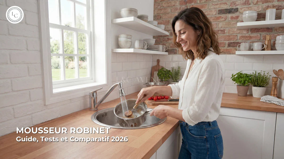 Femme utilisant l'extension de robinet AeraBoost Mini en mode douchette pour nettoyer une casserole