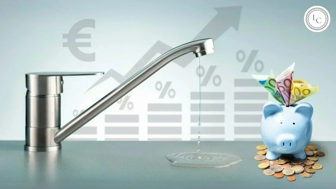 Robinet de cuisine et tirelire sur fond de graphique financier, illustrant la hausse du prix de l'eau en 2025 et les économies sur la facture.