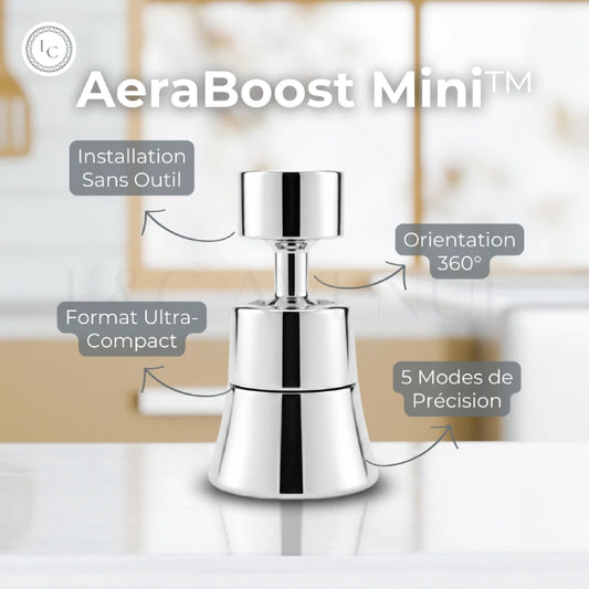 Infographie détails AeraBoost Mini™ : 5 modes de précision, orientation 360°, format ultra-compact et installation sans outil.