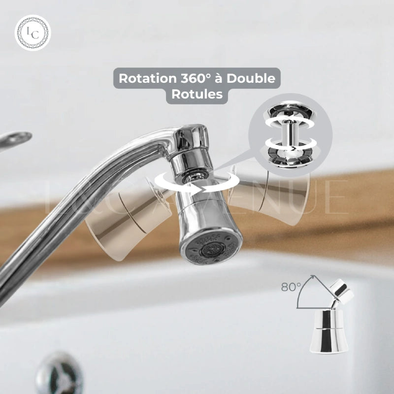Schéma rotation 360 degrés double rotule AeraBoost Mini - Angle pivotant 80 degrés pour évier cuisine